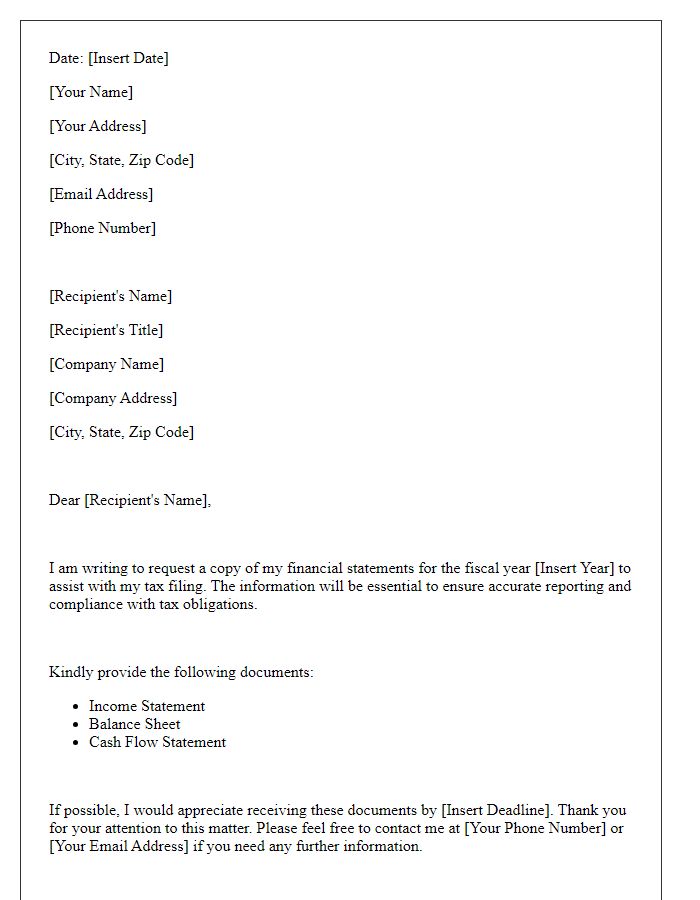 Letter template of financial statement request for tax filing