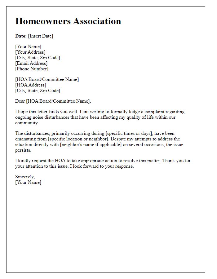 Letter template of HOA complaint about noise disturbances