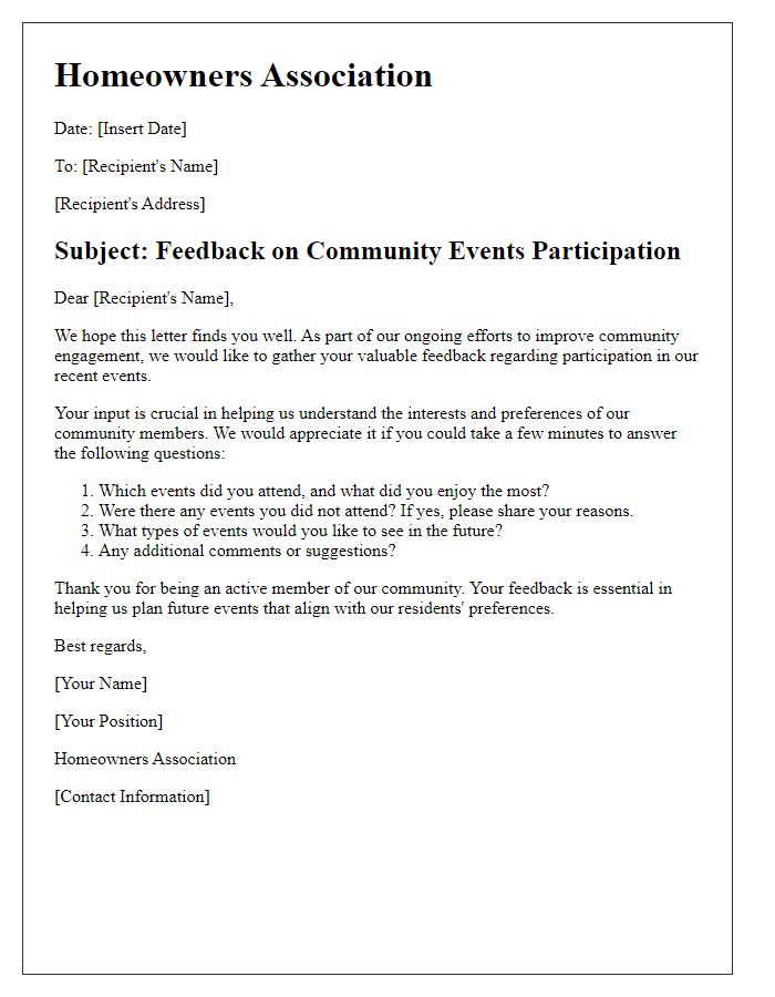 Letter template of HOA feedback on community events participation