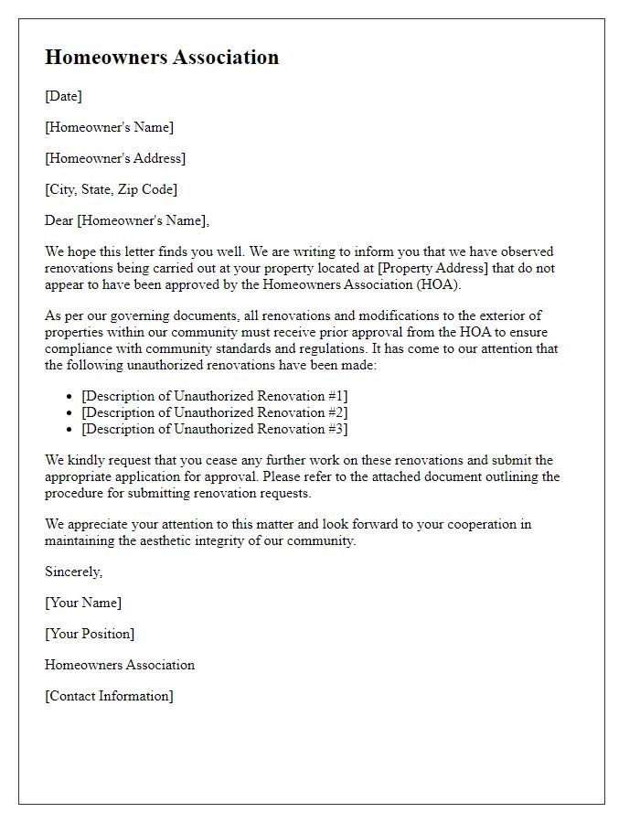 Letter template of HOA objection to unauthorized renovations