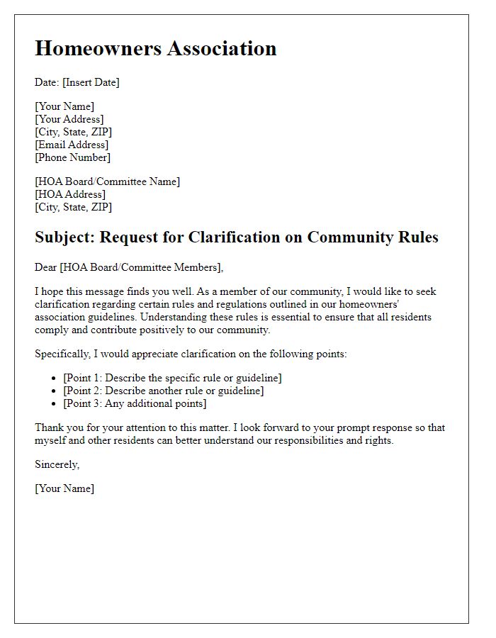 Letter template of HOA request for clarification on community rules