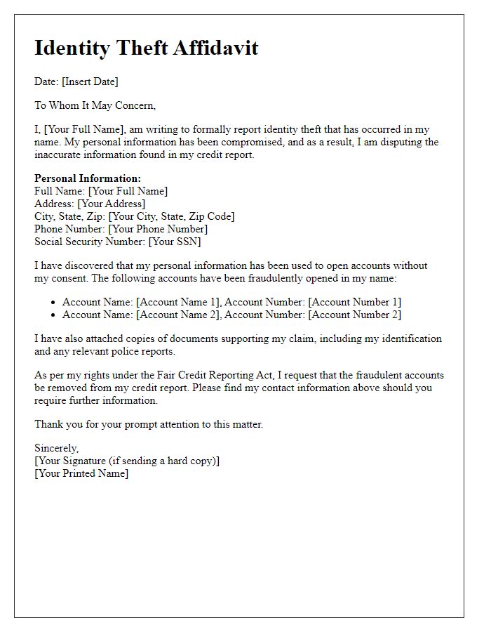 Letter template of identity theft affidavit for credit report disputes