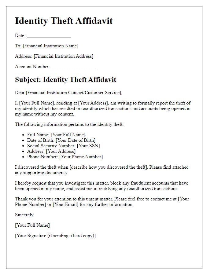 Letter template of identity theft affidavit for financial institutions