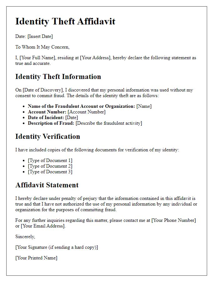 Letter template of identity theft affidavit for legal action documentation