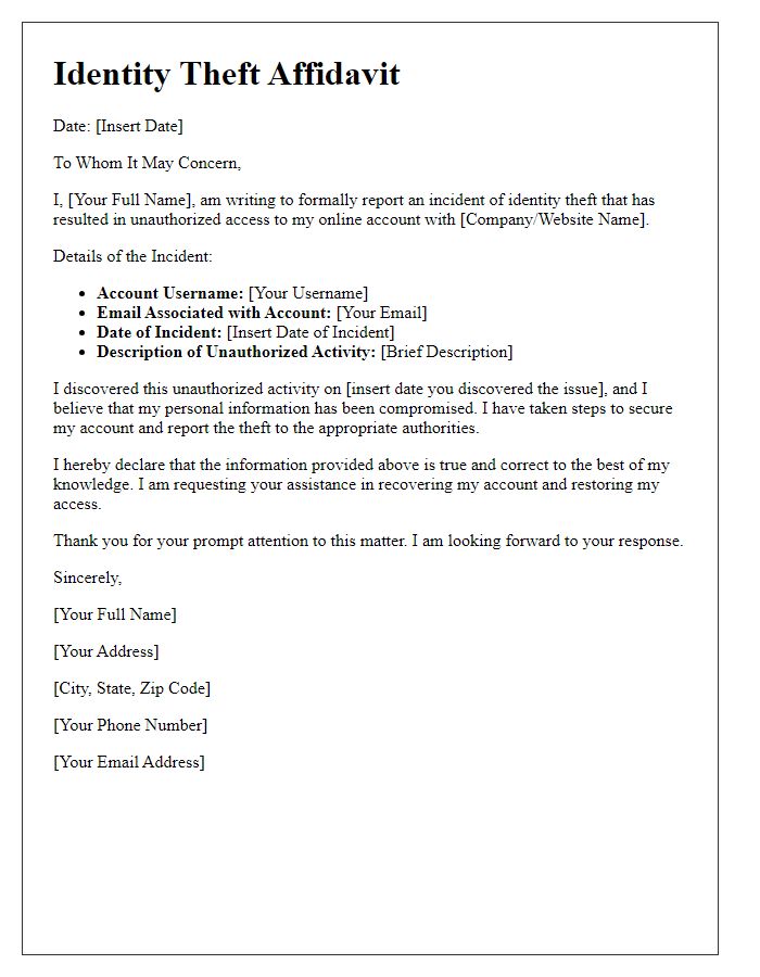 Letter template of identity theft affidavit for online account recovery