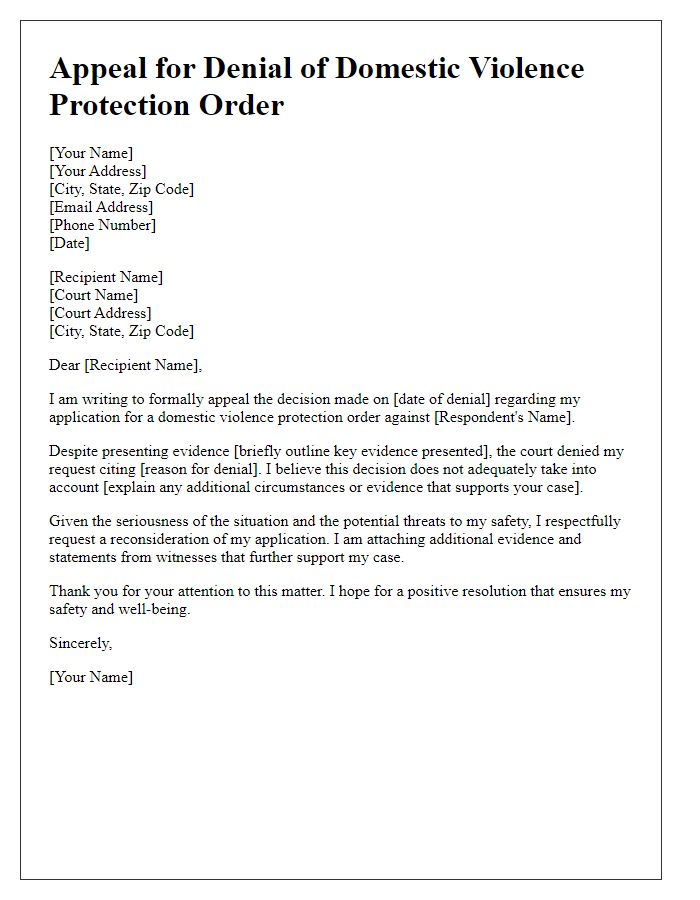 Letter template of appeal for a denied domestic violence protection order.