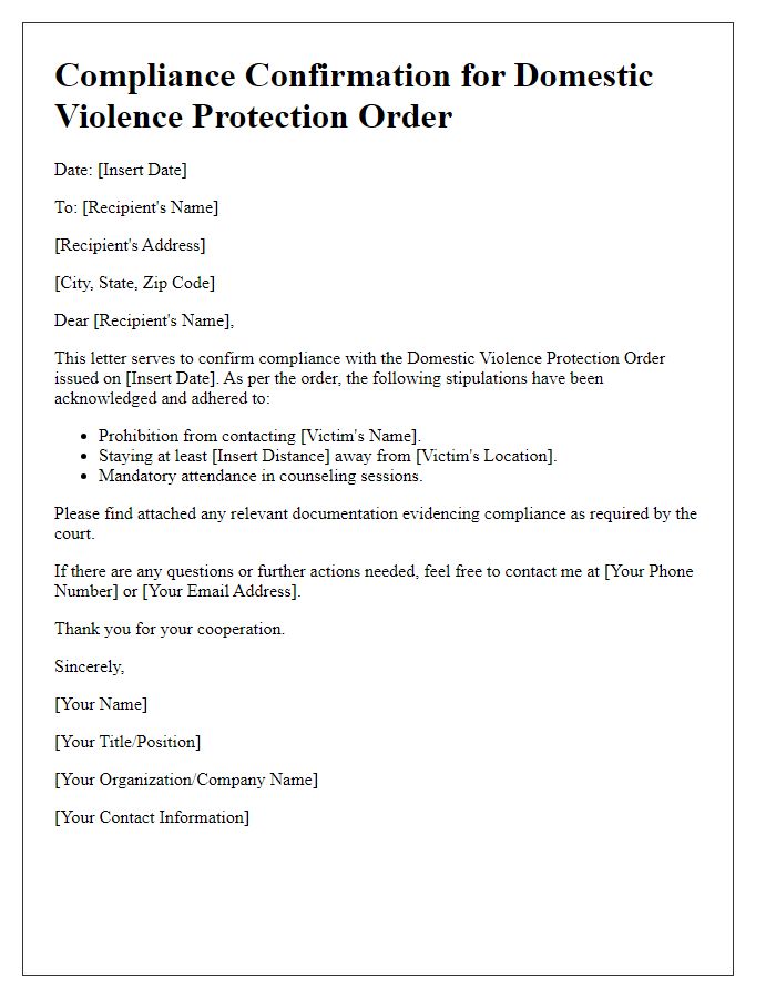 Letter template of compliance confirmation for domestic violence protection order.