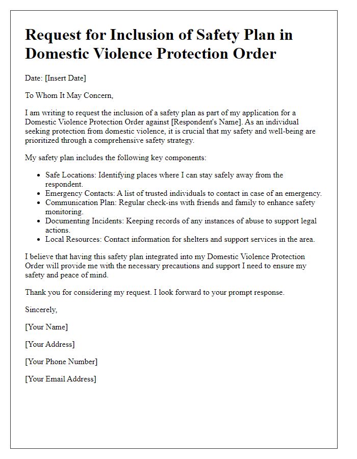 Letter template of safety plan inclusion in domestic violence protection order request.