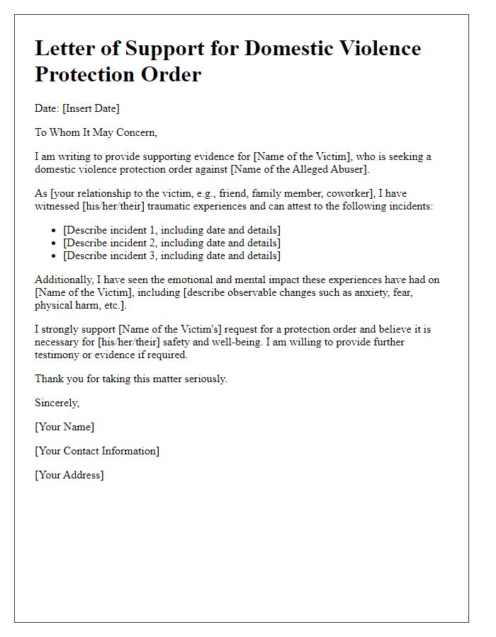 Letter template of supporting evidence for domestic violence protection order.