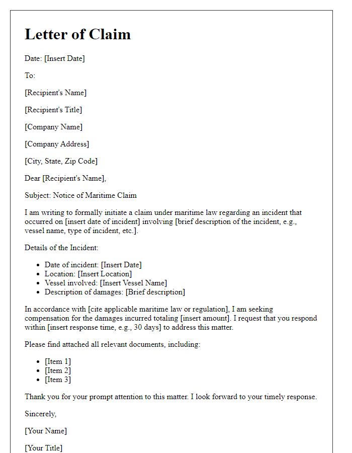 Letter template of maritime law claim initiation.