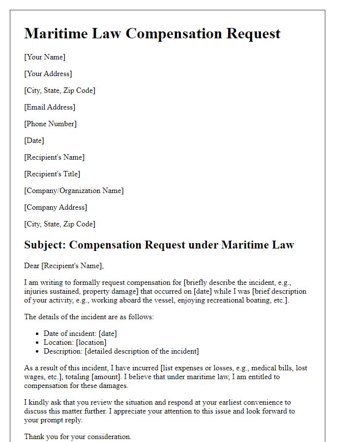 Letter template of maritime law compensation request.