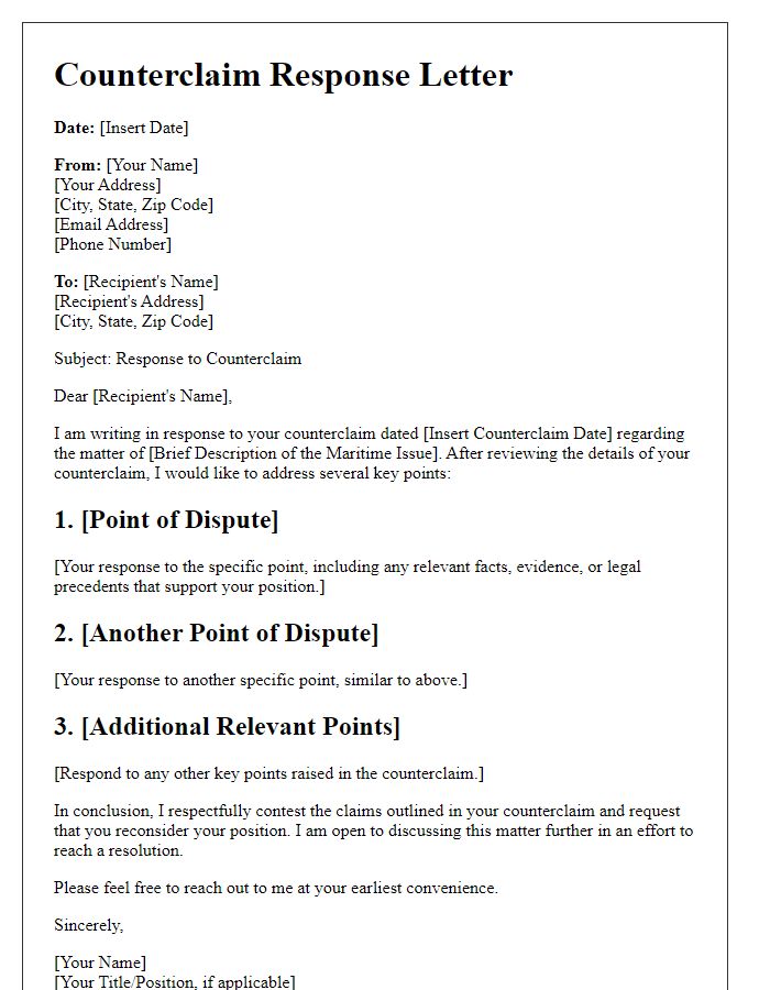 Letter template of maritime law counterclaim response.