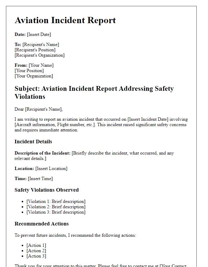 Letter template of aviation incident report addressing safety violations.