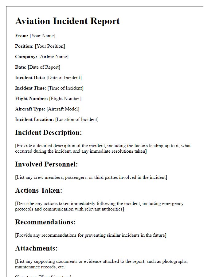 Letter template of aviation incident report for commercial airlines.