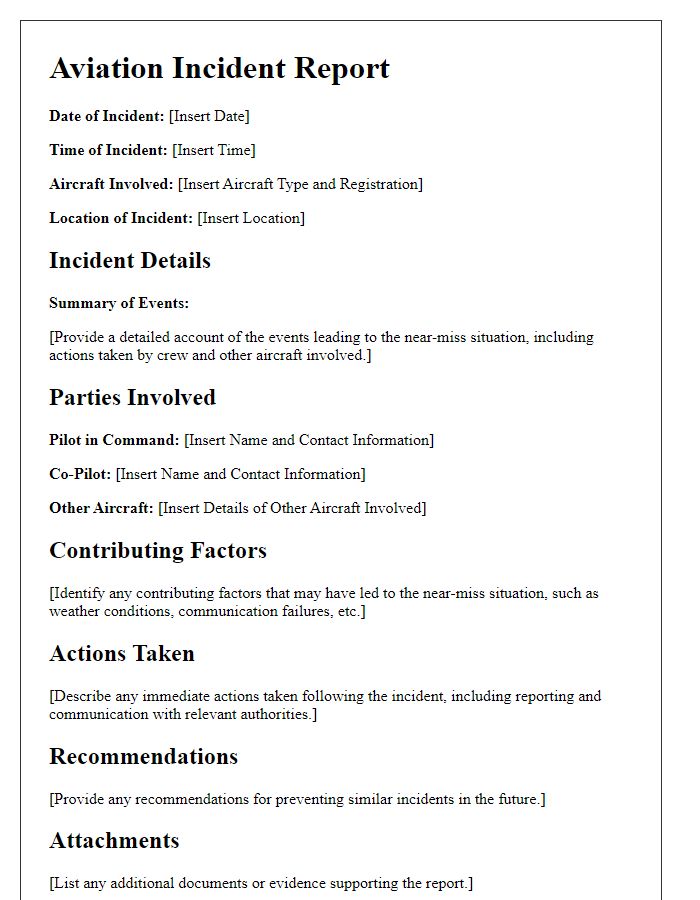 Letter template of aviation incident report following a near-miss situation.