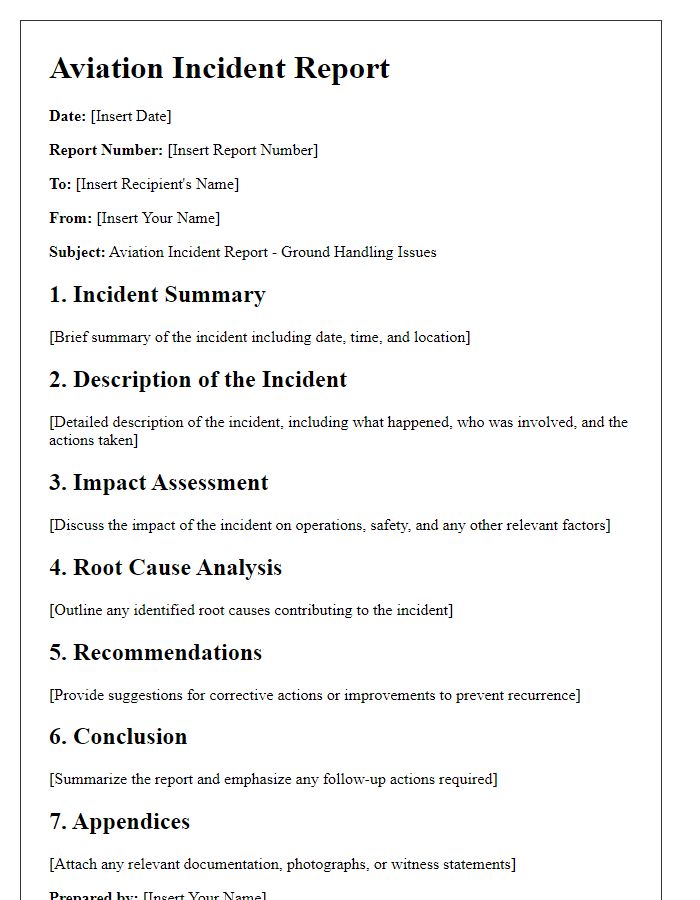 Letter template of aviation incident report for ground handling issues.