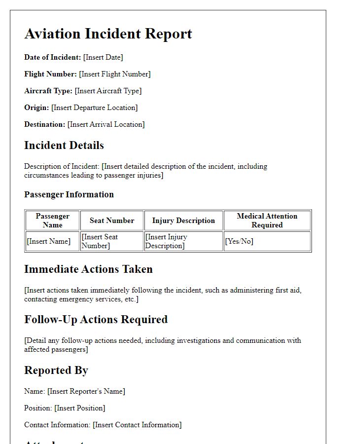 Letter template of aviation incident report involving passenger injuries.