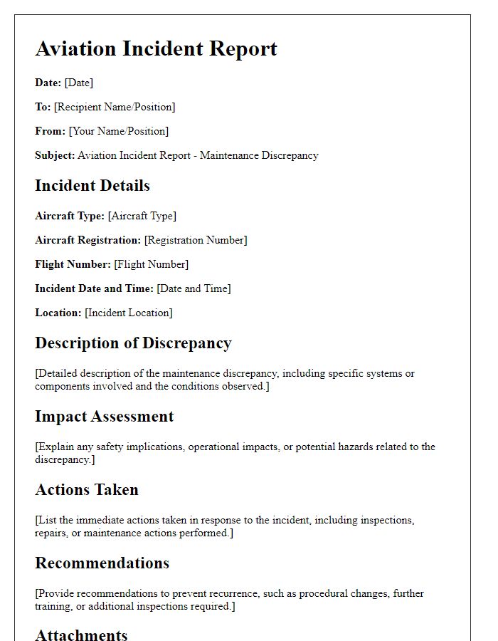 Letter template of aviation incident report for maintenance discrepancies.