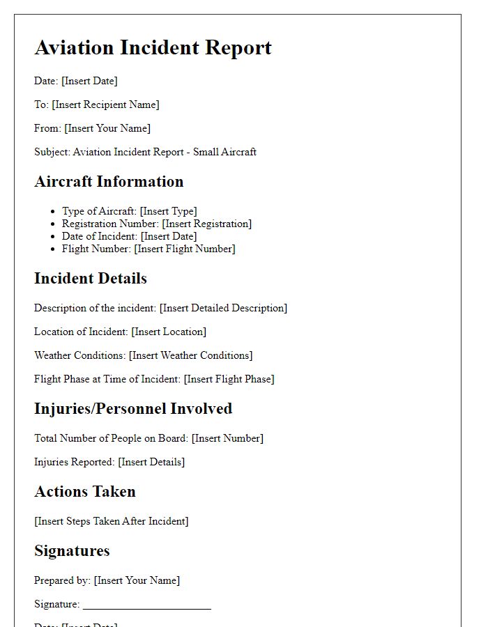 Letter template of aviation incident report for small aircraft.