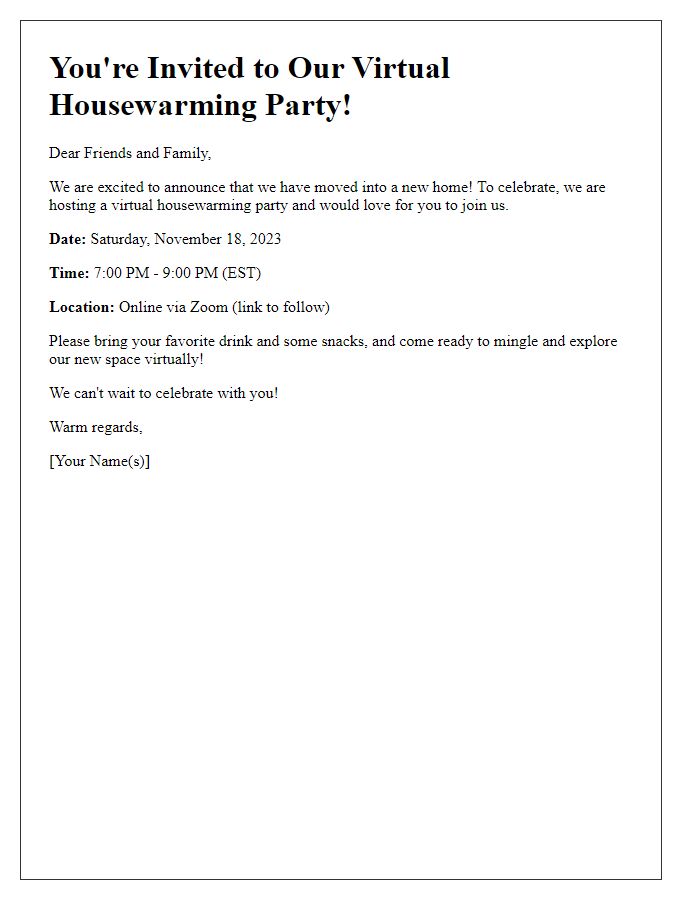 Letter template of virtual housewarming party invitation