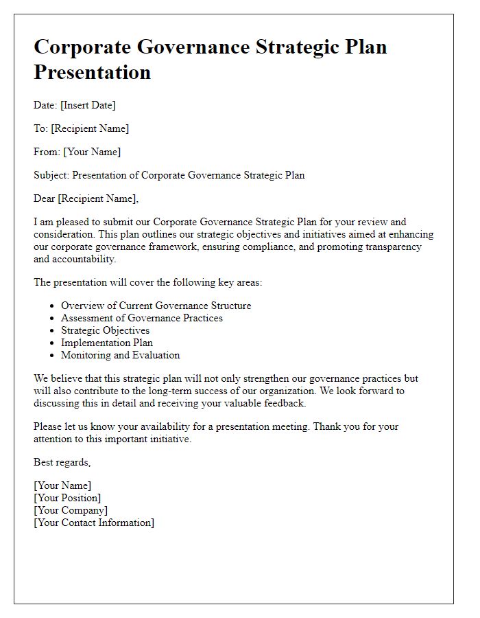 Letter template of corporate governance strategic plan presentation