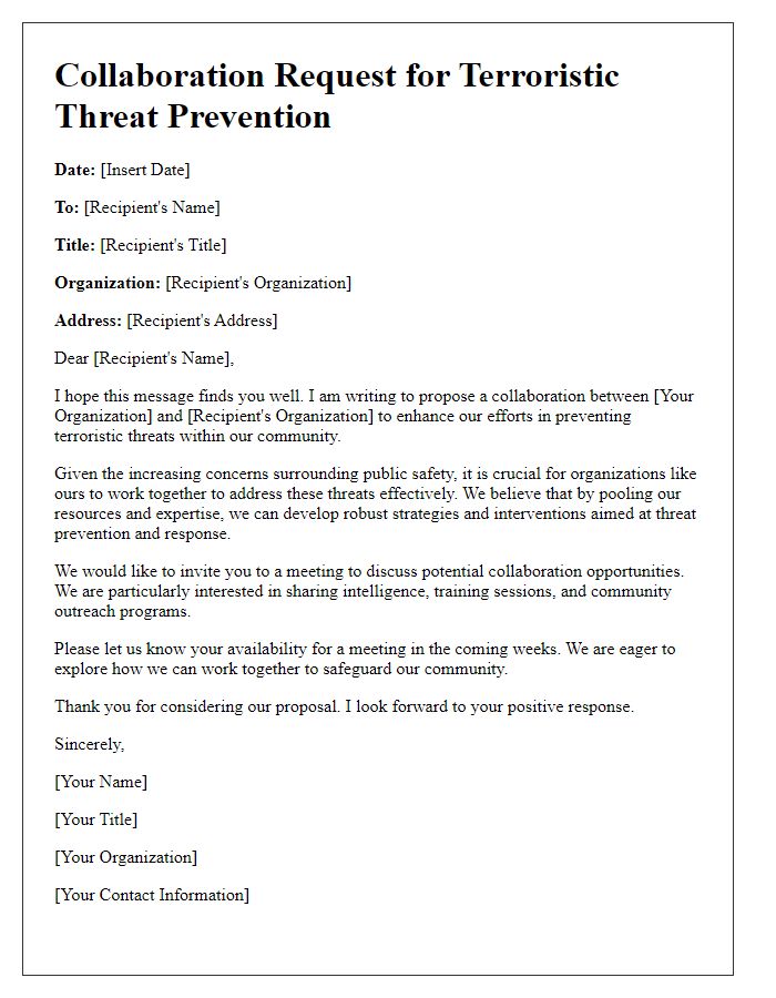 Letter template of collaboration request for terroristic threat prevention