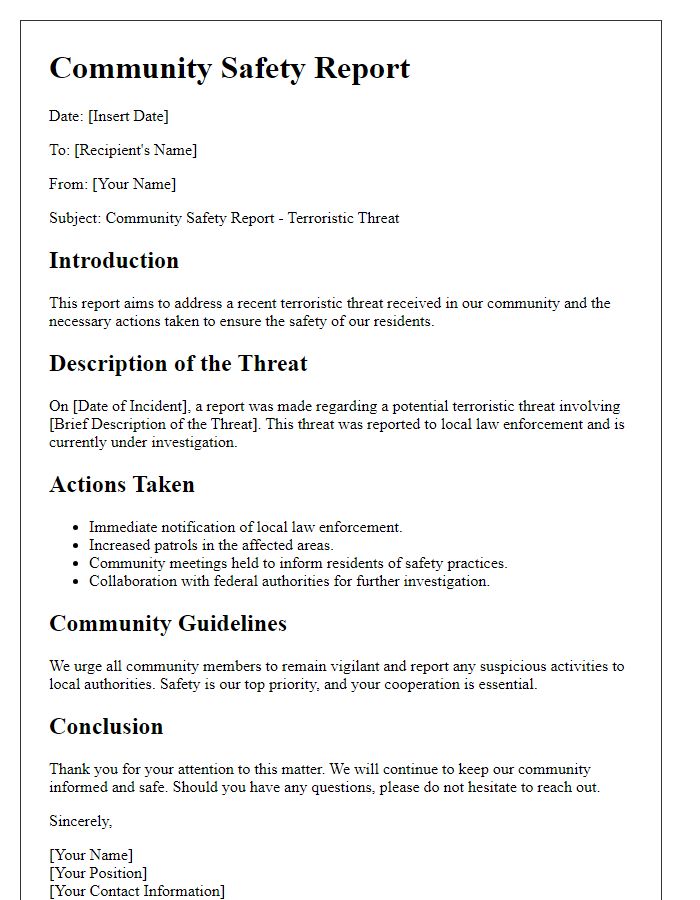 Letter template of community safety report for terroristic threat