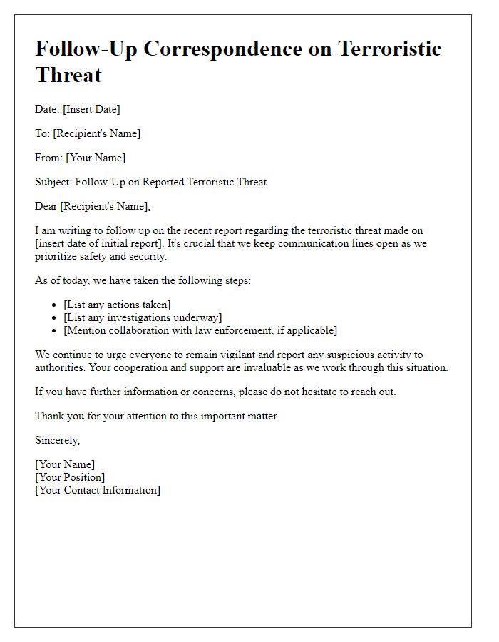 Letter template of follow-up correspondence on terroristic threat