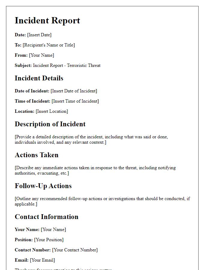 Letter template of incident report for terroristic threat