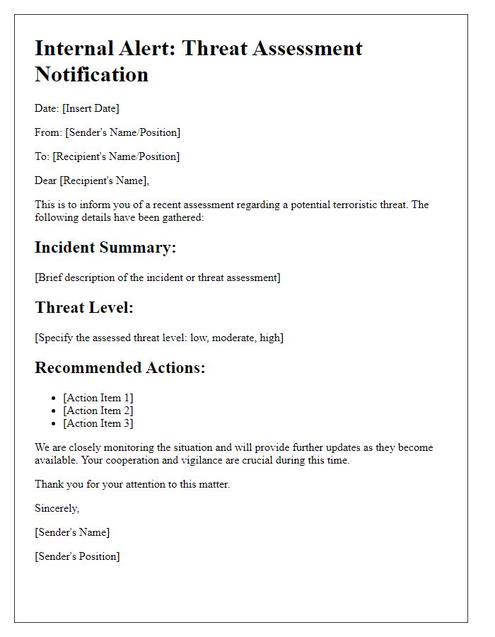 Letter template of internal alert for terroristic threat assessment