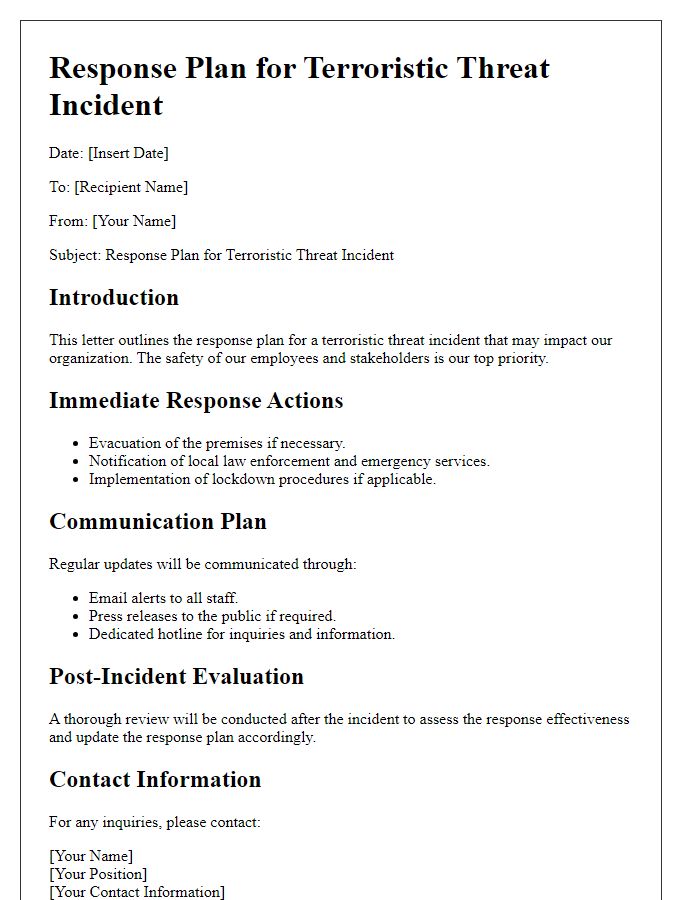 Letter template of response plan for terroristic threat incident