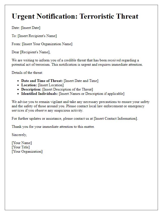 Letter template of urgent terroristic threat notification