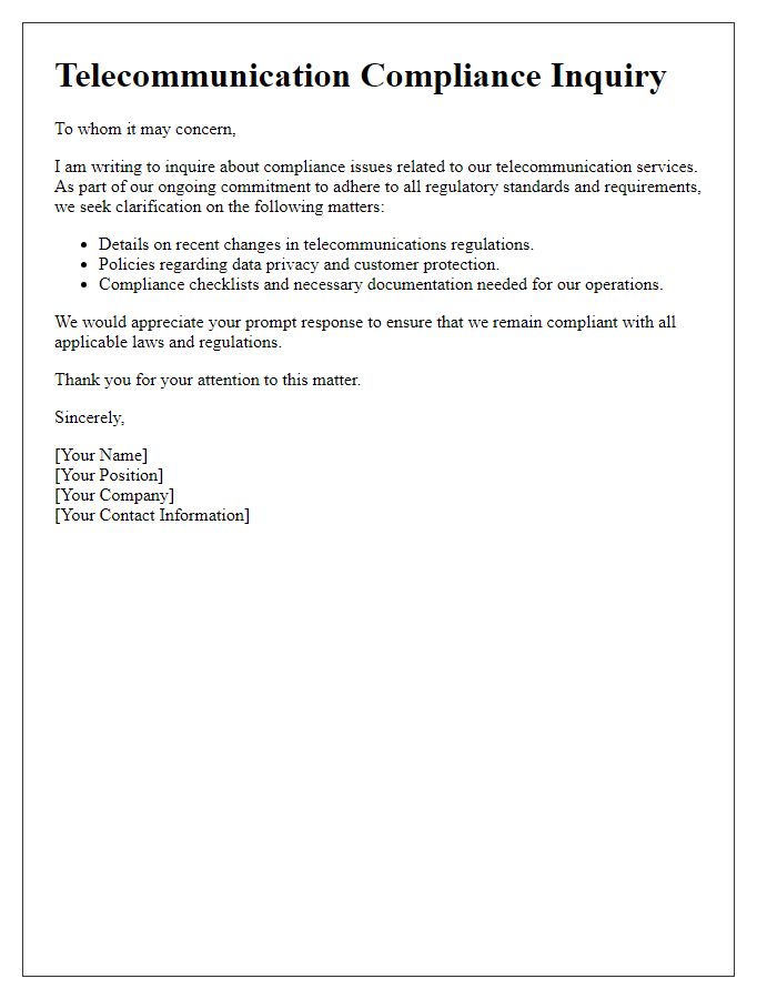 Letter template of telecommunication compliance inquiries