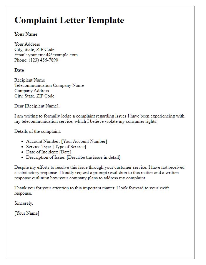 Letter template of telecommunication consumer rights complaint