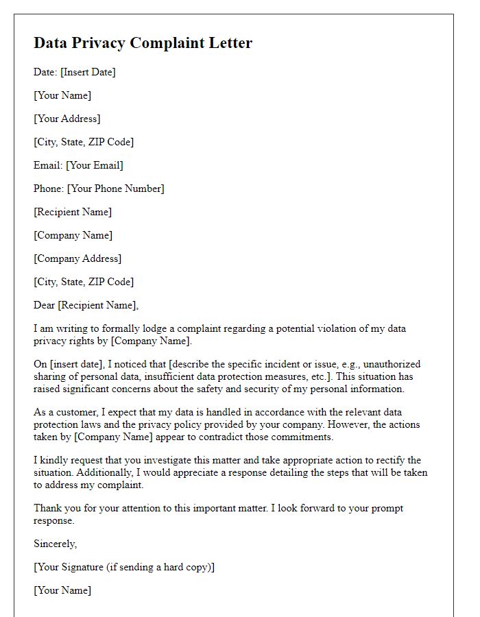 Letter template of telecommunication data privacy complaint