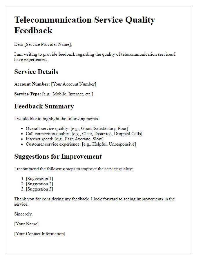 Letter template of telecommunication service quality feedback