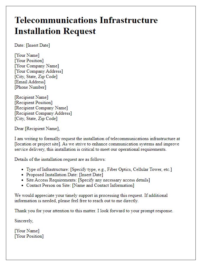 Letter template of telecommunications infrastructure installation request