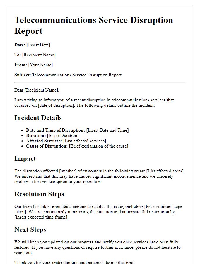 Letter template of telecommunications service disruption report