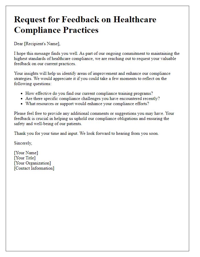 Letter template of feedback request on healthcare compliance practices