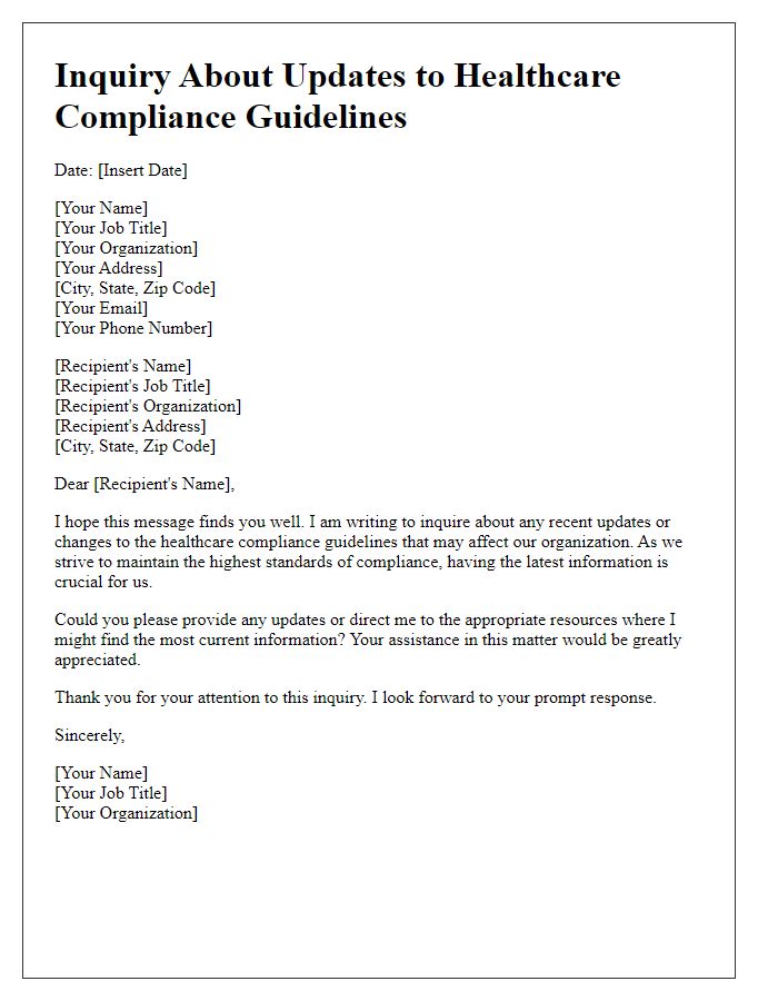 Letter template of inquiry about updates to healthcare compliance guidelines