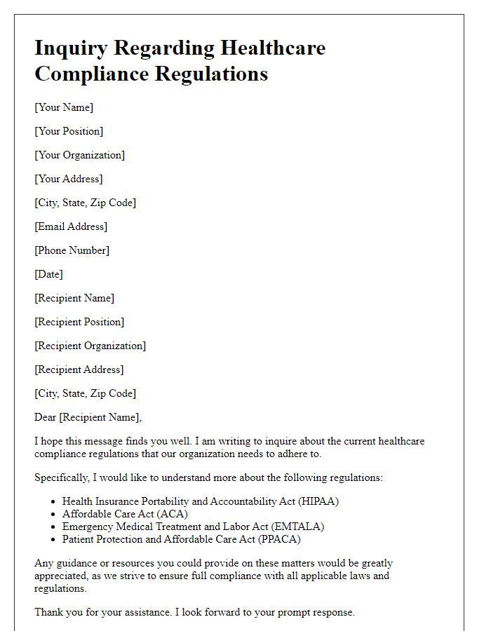 Letter template of inquiry regarding healthcare compliance regulations