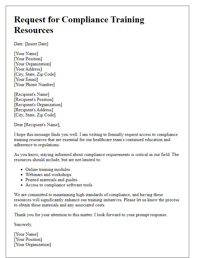 Letter template of request for compliance training resources in healthcare