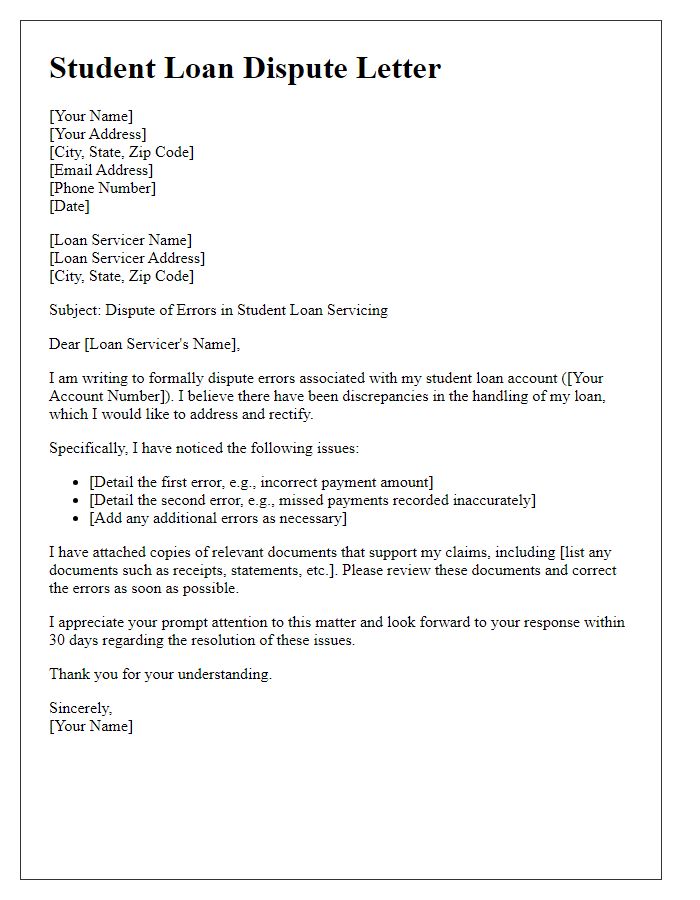 Letter template of student loan dispute about loan servicer errors.