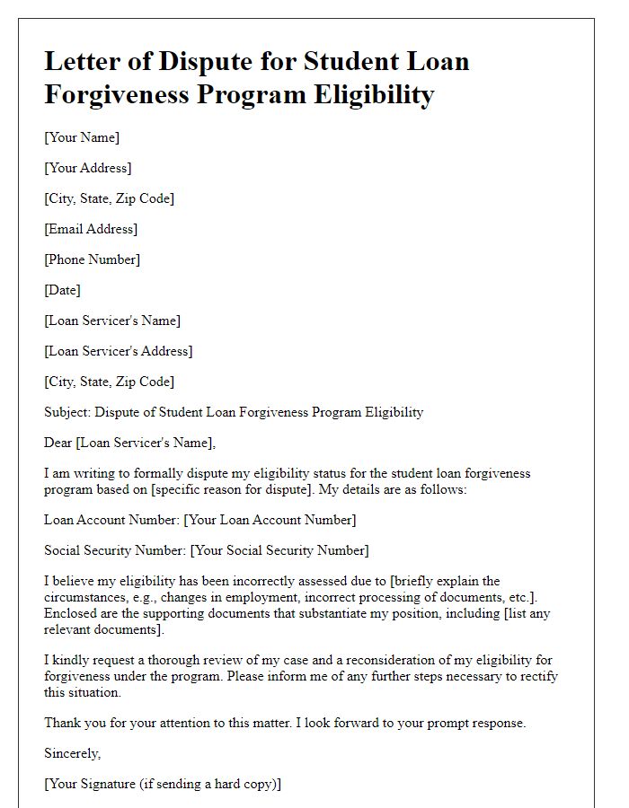 Letter template of student loan dispute on forgiveness program eligibility.