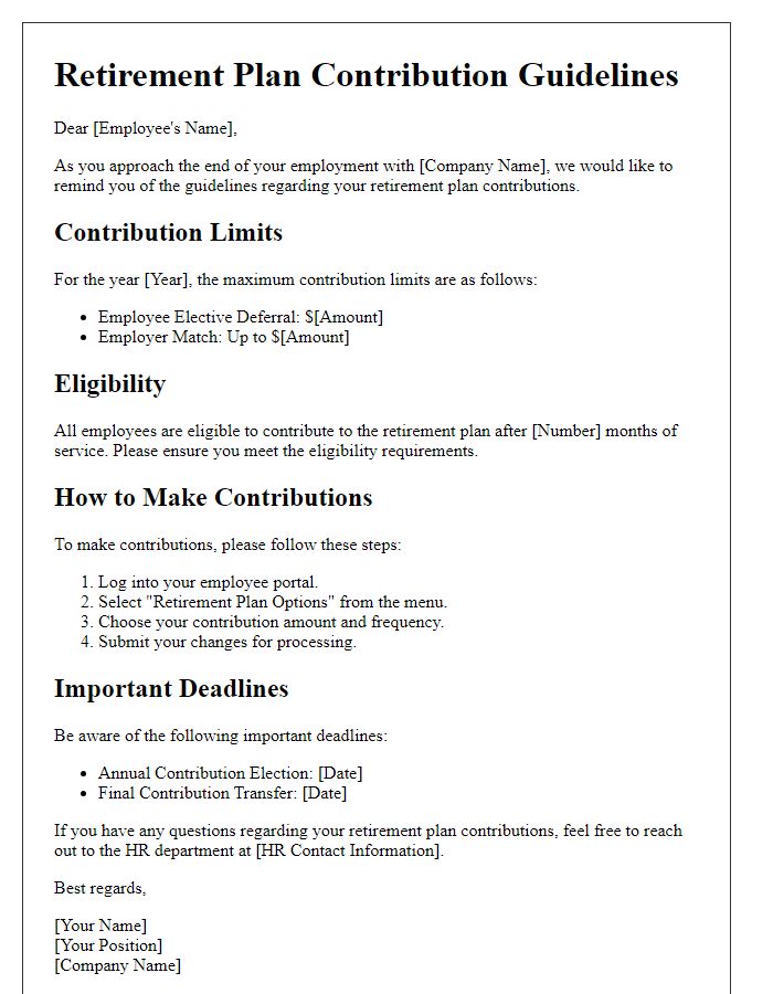 Letter template of retirement plan contribution guidelines