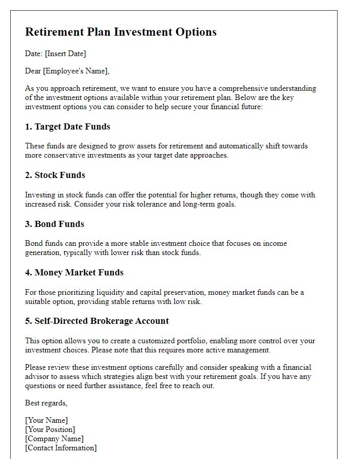 Letter template of retirement plan investment options