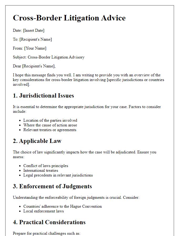 Letter template of cross-border litigation advice for legal practitioners