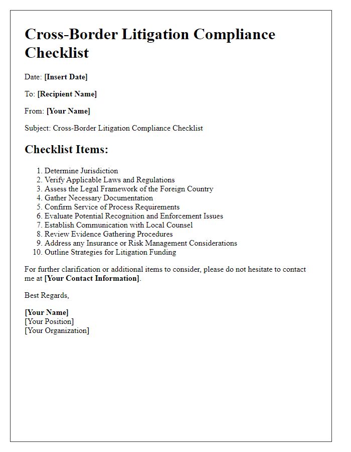 Letter template of cross-border litigation checklist for compliance