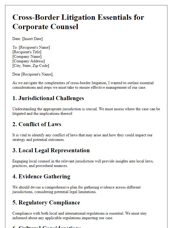 Letter template of cross-border litigation essentials for corporate counsel