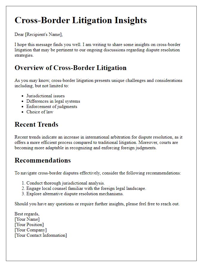 Letter template of cross-border litigation insights for dispute resolution